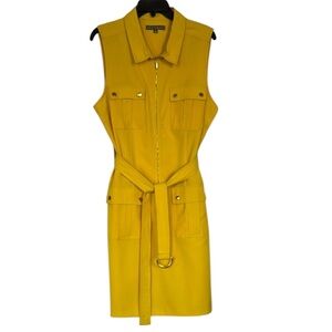 SHARAGANO Yellow Cordial Sleeveless Zipper Pockets Belt Midi Dress Size 14 NEW